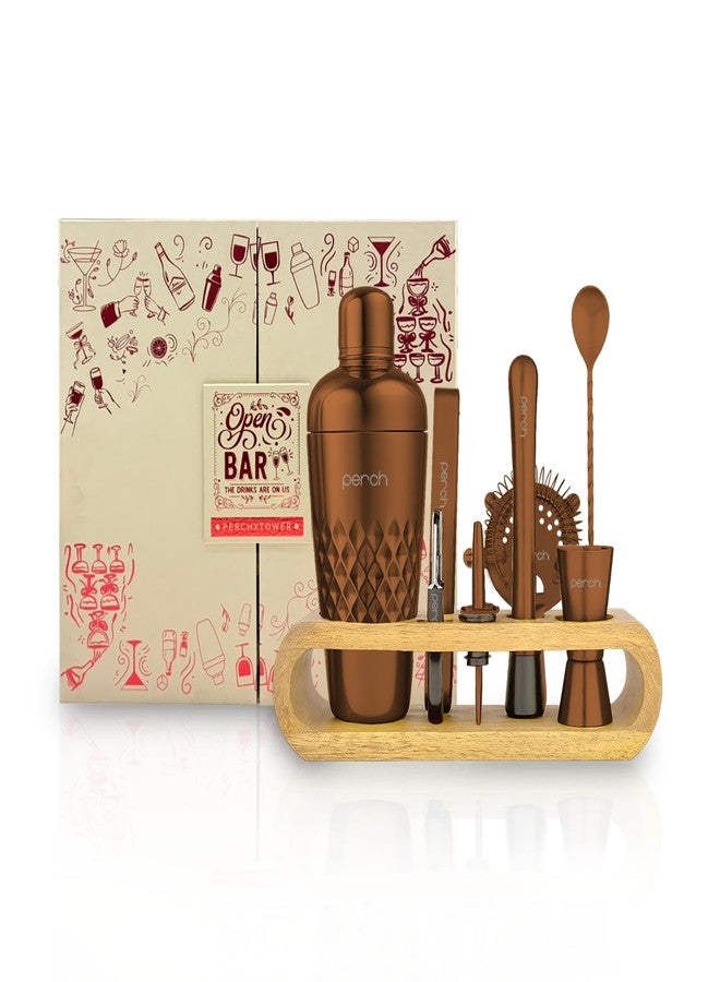 Perch O Holic Cocktail Shaker Gift Set |10-Piece Stainless Steel Bartender Kit with Mango Wooden Stand|Accessories for Home Bar|Gift Box for Winters, Birthday, Wedding,Anniversary,Christmas |Rose Gold - Image 1